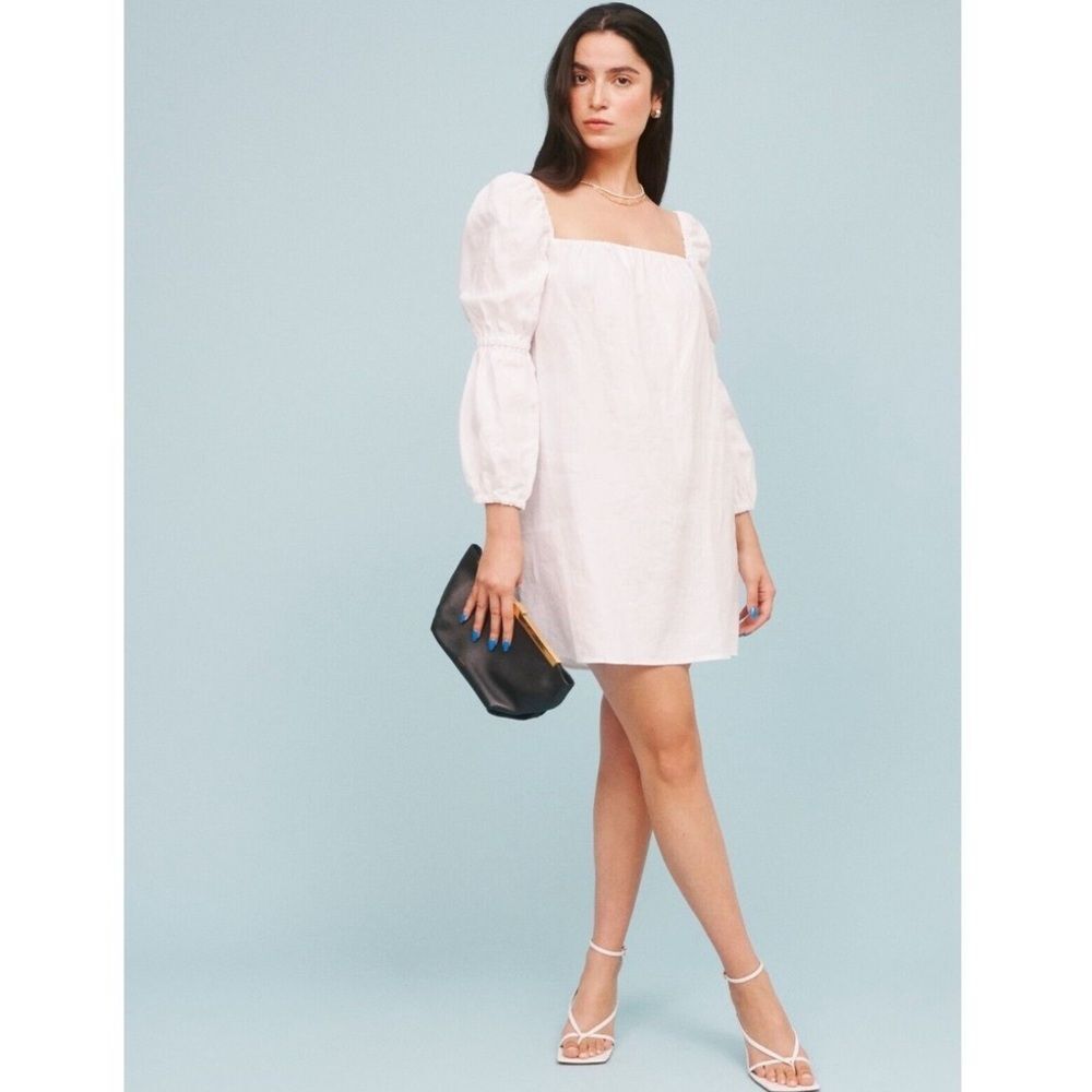 Reformation White Linen Jerry Mini Dress Long Sleeve Sqaure Neck Small